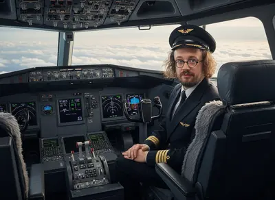Quirky Pilot Confidently Flying Plane